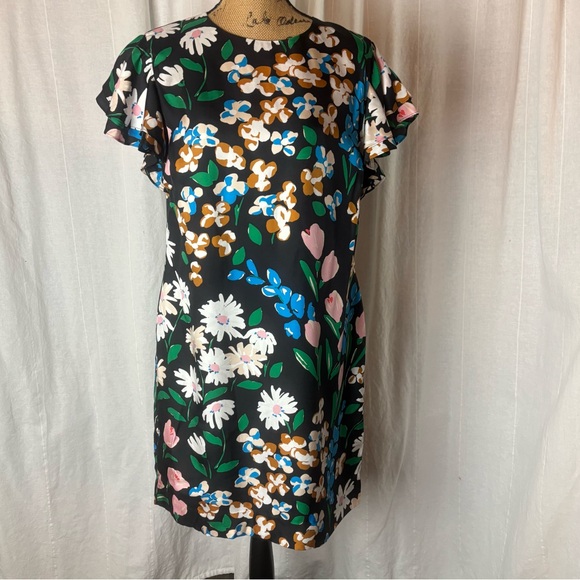 Kate Spade Meadow Shift Dress Size 12 Black Silk Blend Multicolor Floral - Picture 2 of 9